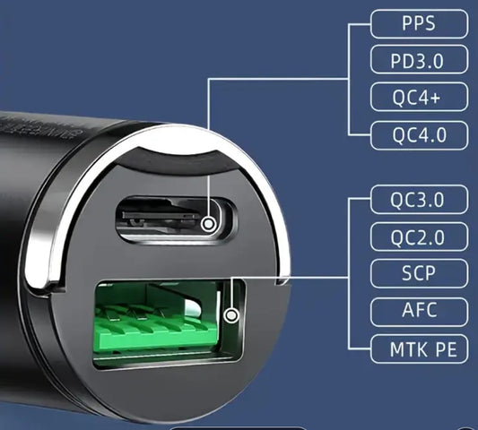 🚓 Încărcător Auto 2 în 1 cu Inel de Tragere – USB & Tip-C, Încărcare Rapidă PD 3.0