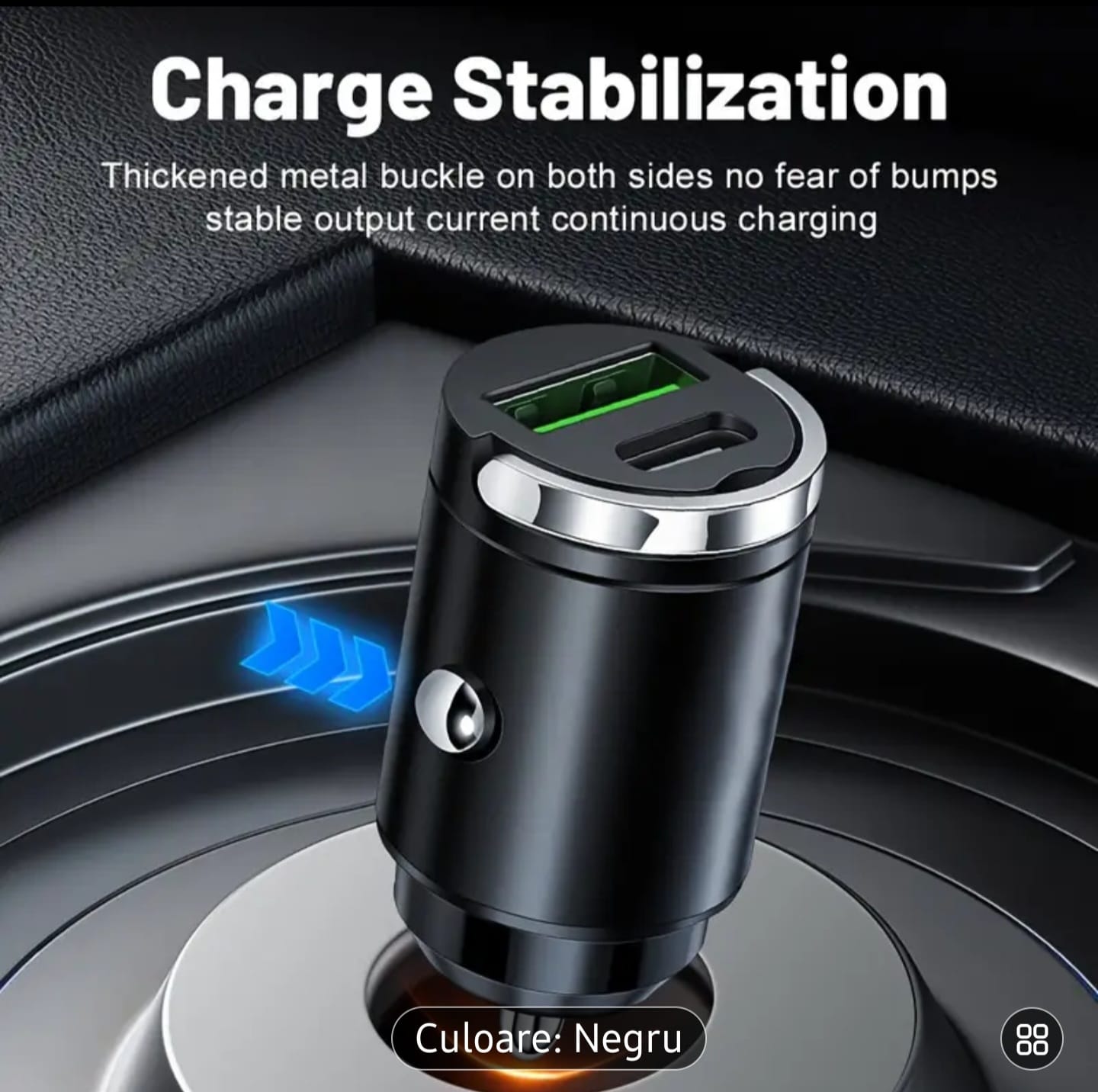 🚓 Încărcător Auto 2 în 1 cu Inel de Tragere – USB & Tip-C, Încărcare Rapidă PD 3.0