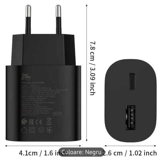 ⚡ Încărcător Fast Charge 25W – USB & Type-C