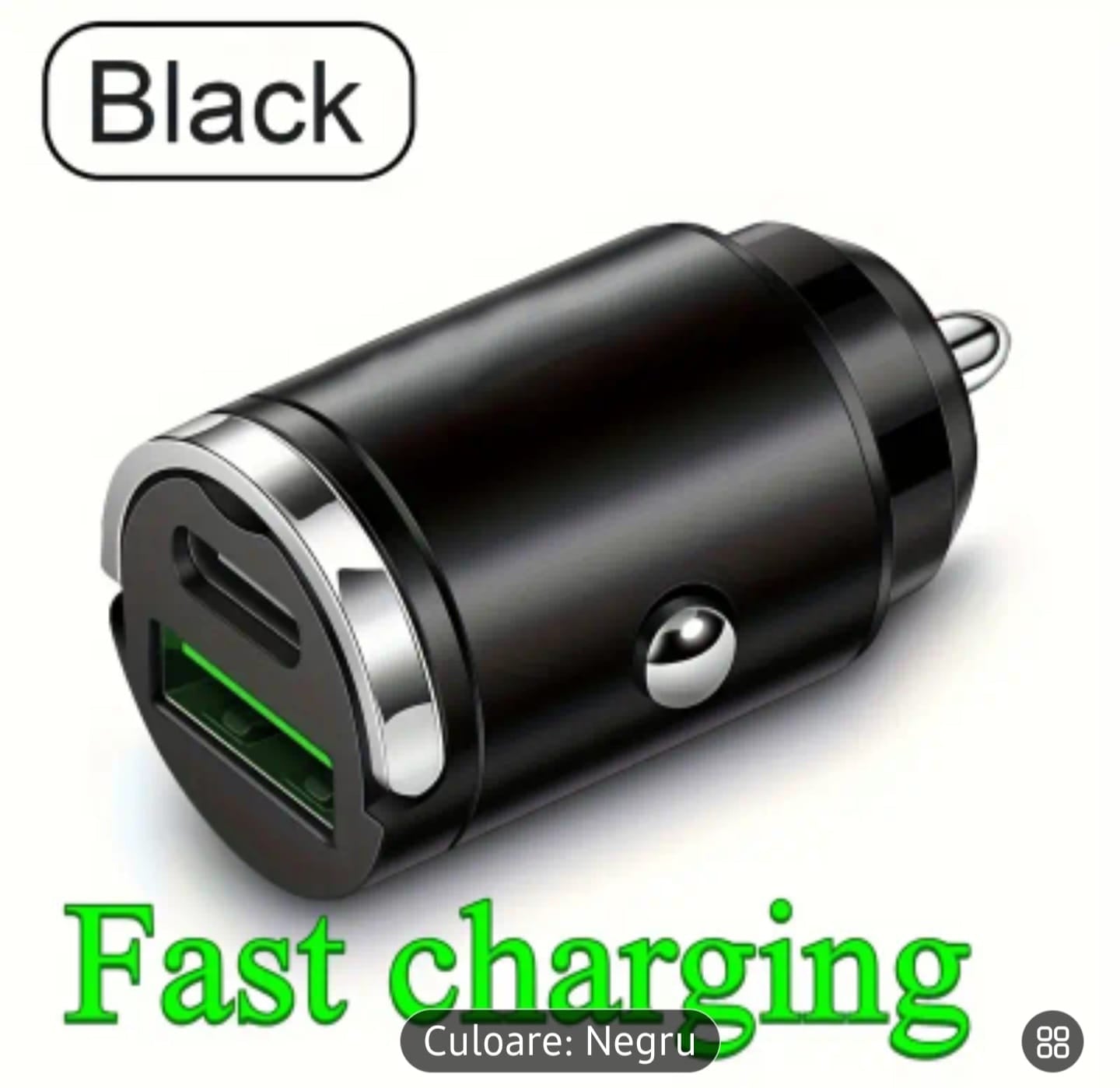 🚓 Încărcător Auto 2 în 1 cu Inel de Tragere – USB & Tip-C, Încărcare Rapidă PD 3.0