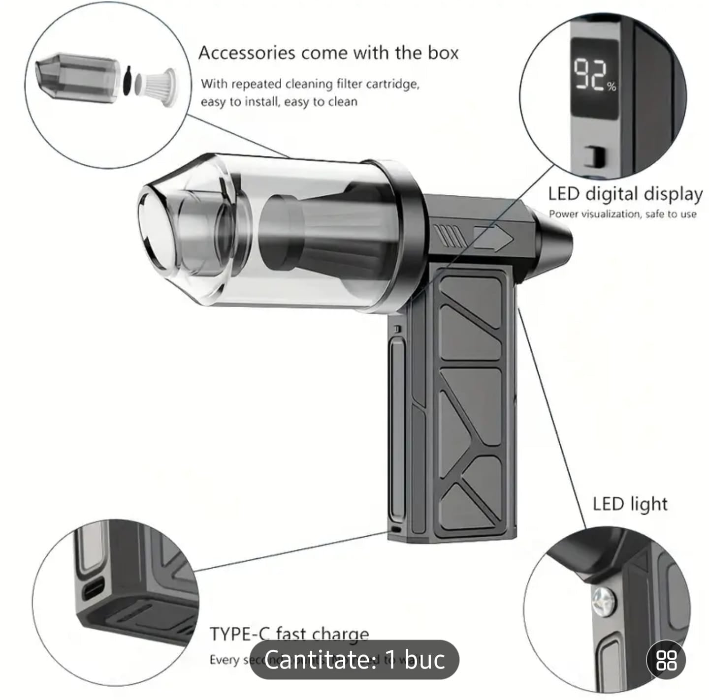 🌬 Ventilator Irbo multifuncțional de inaltă viteză - Funcție de suflant de praf și aspirare, Baterie Li-Ion 18650, Încărcare USB