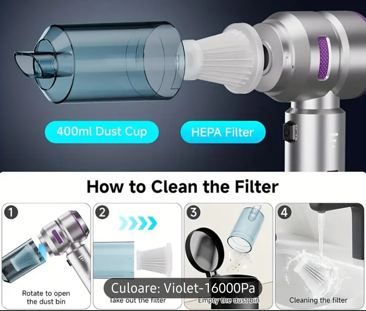 🌕 Aspirator+SUFLANT Portabil QILIEASY 16000Pa – Putere mare de aspirație, ideal pentru mașină, casă, birou sau camping