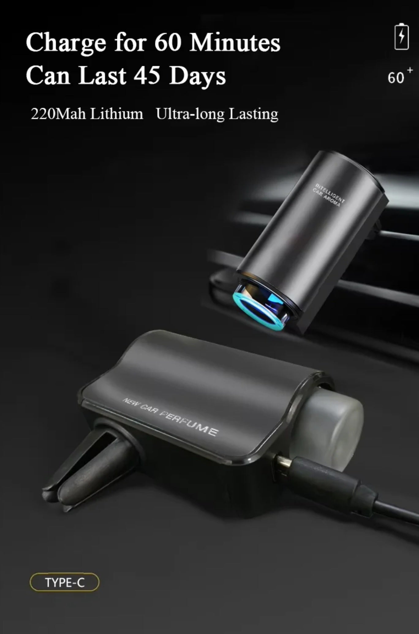 🚗 Odorizant auto cu uleiuri esențiale – USB, reîncărcabil, LED ambient si senzor de vibratii.