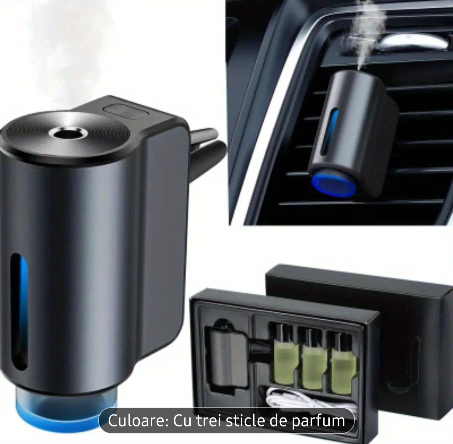🚗 Odorizant auto cu uleiuri esențiale – USB, reîncărcabil, LED ambient si senzor de vibratii.