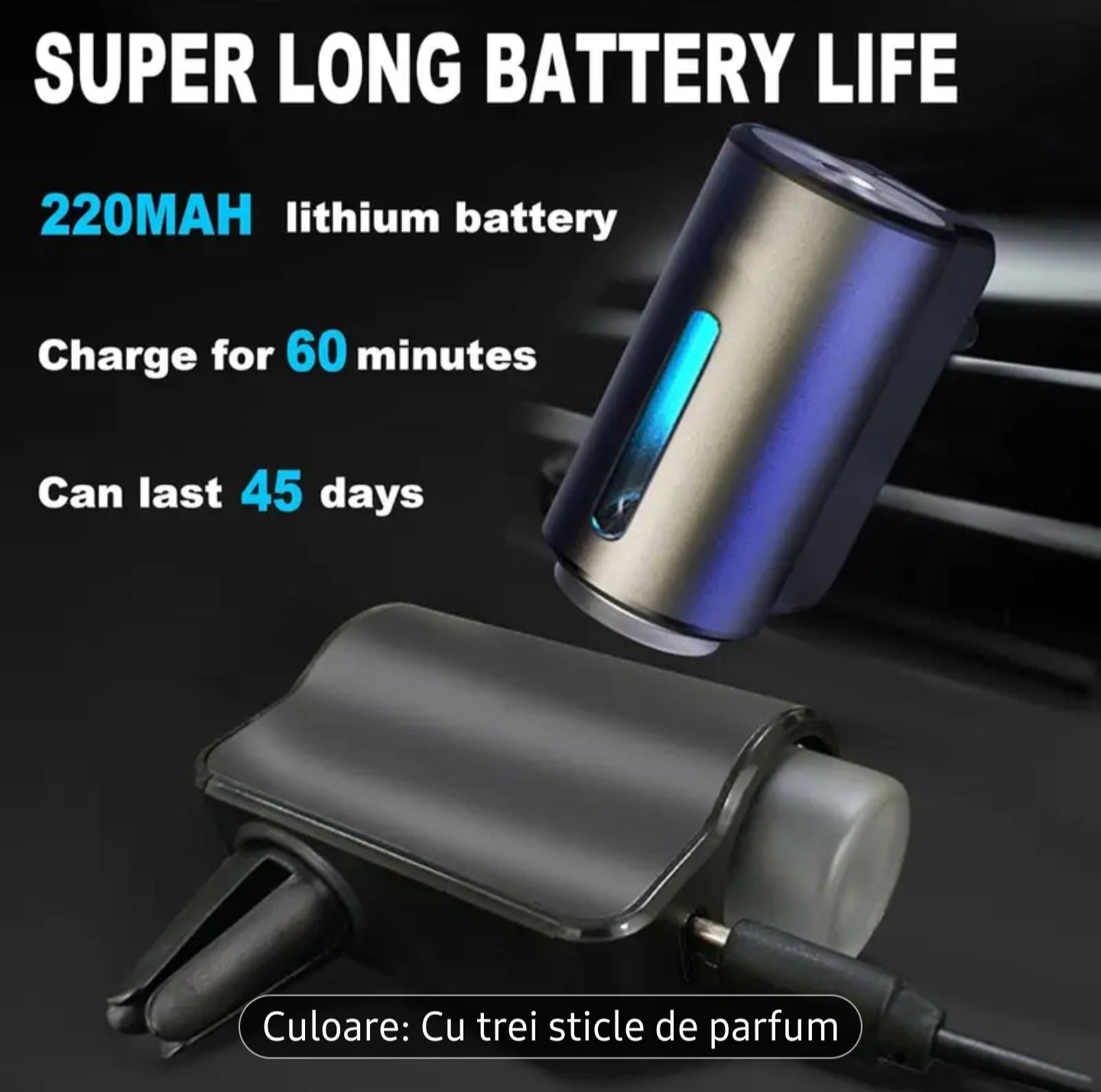 🚗 Odorizant auto cu uleiuri esențiale – USB, reîncărcabil, LED ambient si senzor de vibratii.